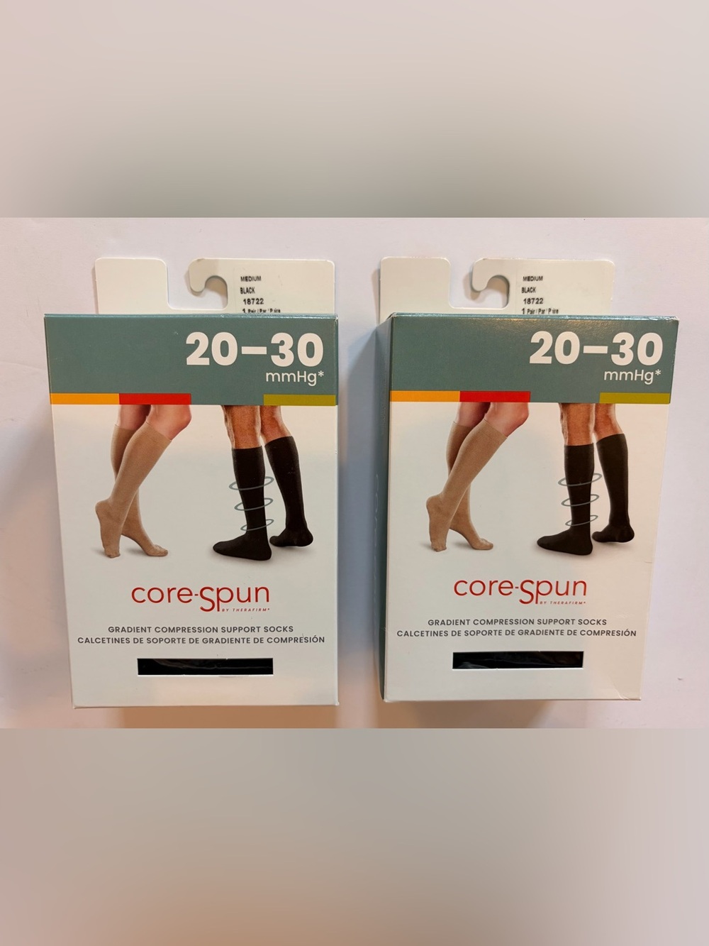 Core-Spun Compression Socks 20-30 mmHg. Set of 2. Black, Medium, New.